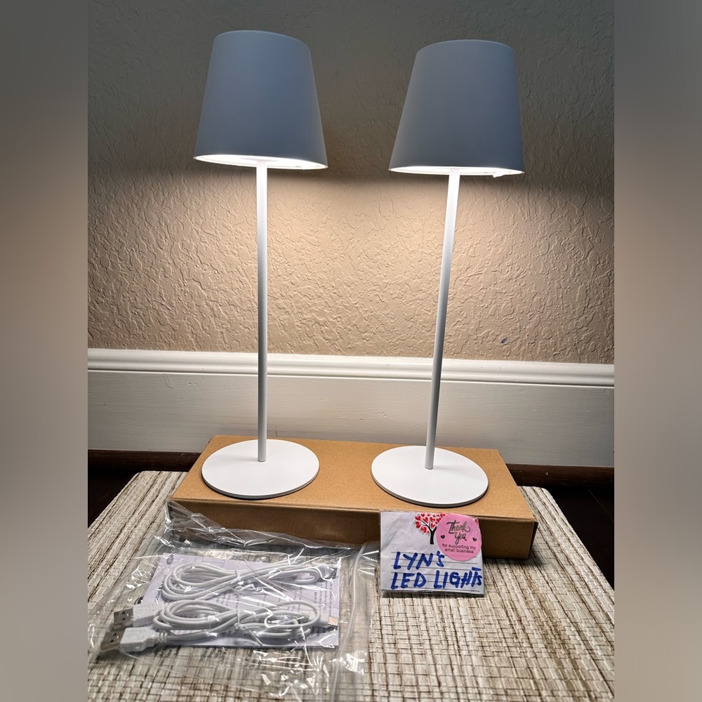 Set of Two White LED Table Lamps Rechargeable
